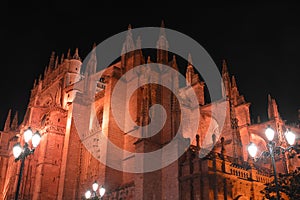 Lights in the night on the great cathedral of Sevilla, Spain