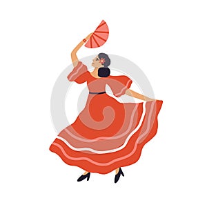 Beautiful spanish flamenco dancer dancing with fan in traditional red dress. Hispanic passion woman in national costume