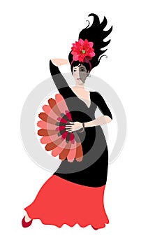 Beautiful spanish flamenco dancer, dressed in red- black dress with fan in her hand posing isolated on white background