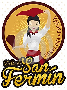 Beautiful Spanish Girl Celebrating San Fermin Festival, Vector Illustration