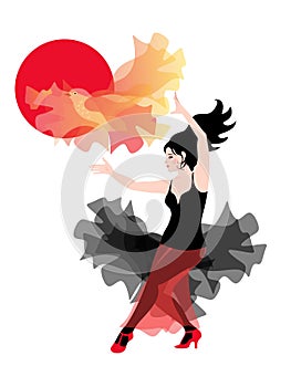 Beautiful Spanish girl dancing flamenco with a manton, like a flying bird in the background of the red sun
