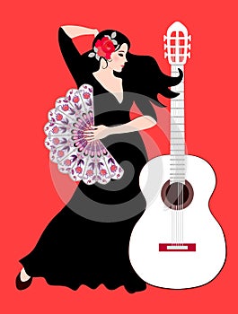 Beautiful Spanish girl - flamenco dancer with rose on her hair and with fan in her hand and white guitar on bright red background