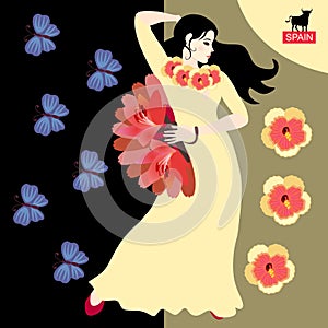 Beautiful spanish girl - flamenco dancer in yellow dress, decorated hibiscus flowers, with fan in her hand and blue butterflies