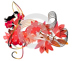 Beautiful Spanish girl in a red dress dancing on the treble clef. A bouquet of lilies on the music line as notes. White background