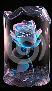 beautiful spectral light pink rose in a glass vase on a black background. Generative AI