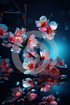 Beautiful Spectral Light red Peach Blossom Branches, flower petals Blue Light Glinting on, Background is Blue, generative ai