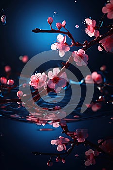 Beautiful Spectral Light red Peach Blossom Branches, flower petals Blue Light Glinting on, Background is Blue, generative ai