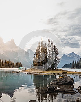 Beautiful Spirit Island in Maligne Lake, Jasper National Park, Alberta, Canada