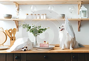 Beautiful spitz dogs wears cook caps, poses on table with piece of delicious cake in kitchen