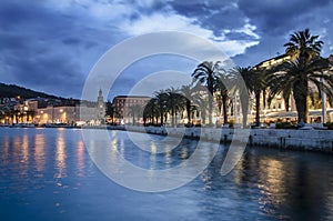 Beautiful Split city with the old town promenade and the Diocletian Palace at blue hour in Croatia, Dalmatia, Europe.