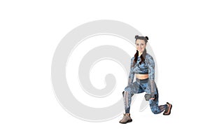 Beautiful sportive woman is engaged in fitness.Is doing exercise with dumbbells on an isolated white background