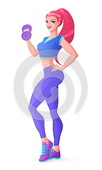 Beautiful sportive woman exercising with dumbbell. Isolated vector illustration.