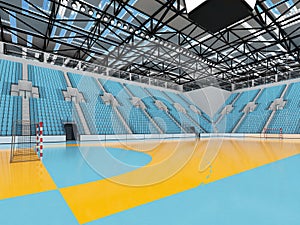 Beautiful sports arena for handball with sky blue seats and VIP boxes 3D render