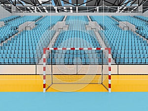 Beautiful sports arena for handball with sky blue seats and VIP boxes 3D render