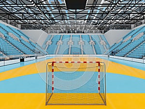 Beautiful sports arena for handball with sky blue seats and VIP boxes 3D render