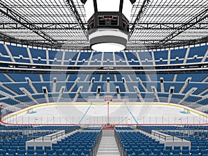 Beautiful sports arena for ice hockey with blue seats VIP boxes 3d render
