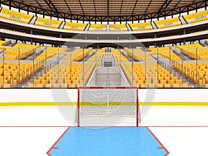 Beautiful sports arena for ice hockey with yellow seats and VIP boxes