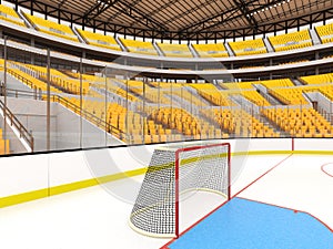 Beautiful sports arena for ice hockey with yellow seats and VIP boxes