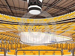 Beautiful sports arena for ice hockey with yellow seats and VIP boxes