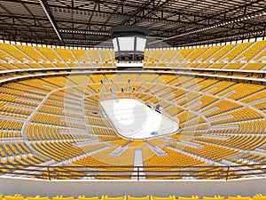 Beautiful sports arena for ice hockey with yellow seats and VIP boxes