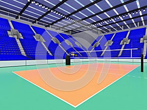 Beautiful sports arena for volleyball with blue seats and floodlights - 3d render