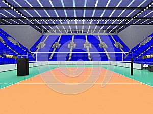 Beautiful sports arena for volleyball with blue seats and floodlights - 3d render