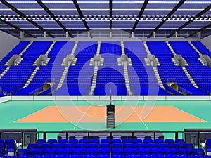 Beautiful sports arena for volleyball with blue seats and floodlights - 3d render