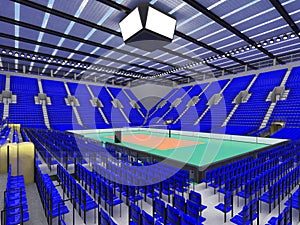 Beautiful sports arena for volleyball with blue seats and floodlights - 3d render