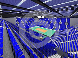 Beautiful sports arena for volleyball with blue seats and floodlights - 3d render