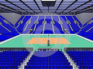 Beautiful sports arena for volleyball with blue seats and floodlights - 3d render