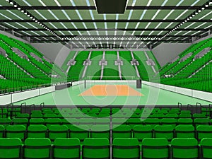 Beautiful sports arena for volleyball with green seats and floodlights - 3d render