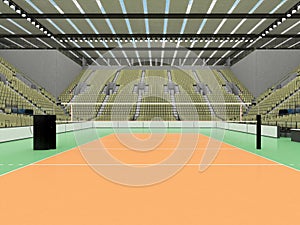 Beautiful sports arena for volleyball with olive green seats and floodlights - 3d render