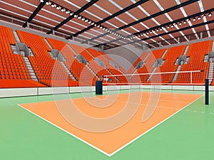 Beautiful sports arena for volleyball with orange seats and floodlights - 3d render