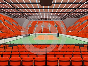 Beautiful sports arena for volleyball with orange seats and floodlights - 3d render