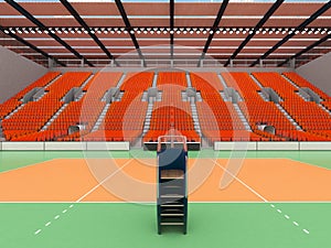 Beautiful sports arena for volleyball with orange seats and floodlights - 3d render