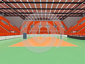 Beautiful sports arena for volleyball with orange seats and floodlights - 3d render