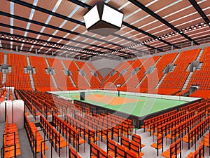 Beautiful sports arena for volleyball with orange seats and floodlights - 3d render