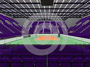 Beautiful sports arena for volleyball with purple seats and floodlights - 3d render