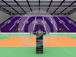 Beautiful sports arena for volleyball with purple seats and floodlights - 3d render