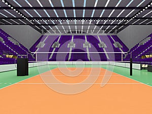 Beautiful sports arena for volleyball with purple seats and floodlights - 3d render