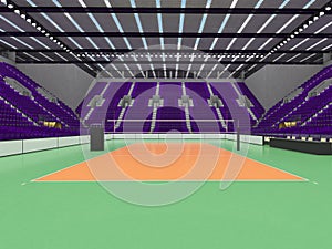 Beautiful sports arena for volleyball with purple seats and floodlights - 3d render