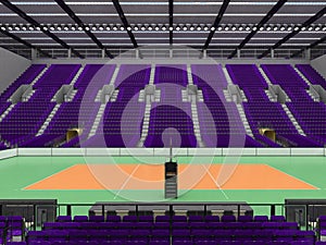 Beautiful sports arena for volleyball with purple seats and floodlights - 3d render