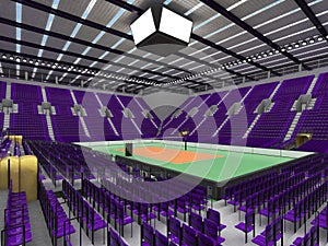 Beautiful sports arena for volleyball with purple seats and floodlights - 3d render