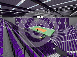 Beautiful sports arena for volleyball with purple seats and floodlights - 3d render