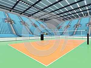 Beautiful sports arena for volleyball with sky blue seats and floodlights - 3d render