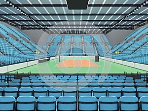 Beautiful sports arena for volleyball with sky blue seats and floodlights - 3d render