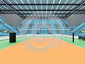 Beautiful sports arena for volleyball with sky blue seats and floodlights - 3d render