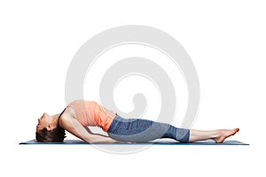 Beautiful sporty fit yogi girl practices yoga asana Matsyasana