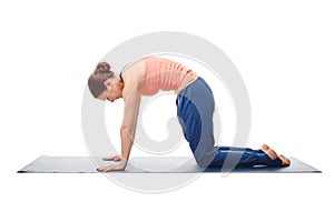 Beautiful sporty fit yogini woman practices yoga