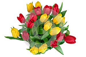 Beautiful spring bouquet of yellow and red tulips on a white background